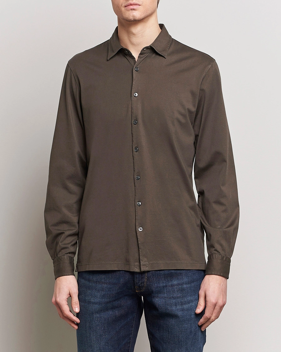 Mies | Kauluspaidat | Gran Sasso | Washed Cotton Jersey Shirt Dark Brown