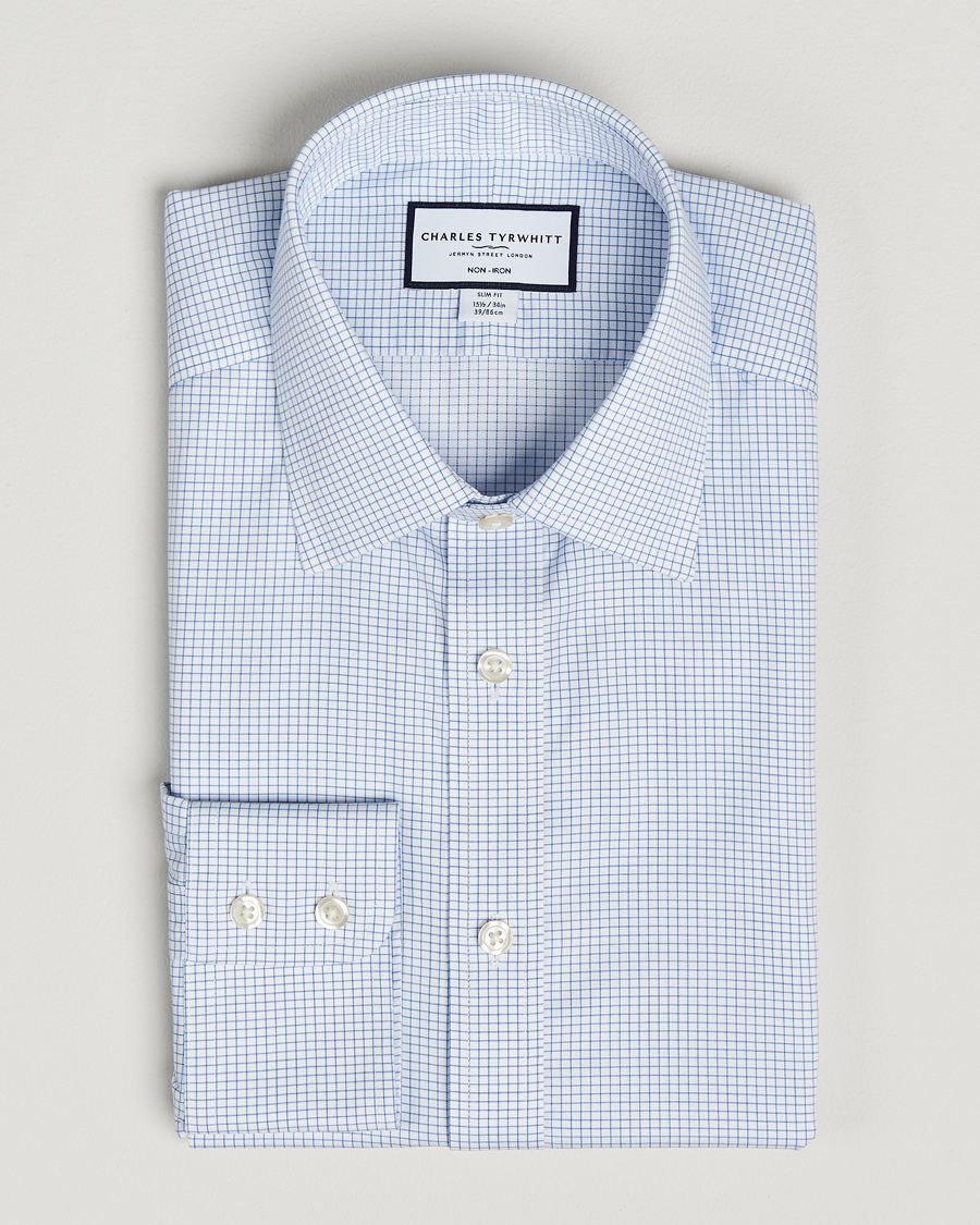 Mies | Kauluspaidat | Charles Tyrwhitt | Slim Fit Non Iron Mini Grid Check Shirt Sky Blue