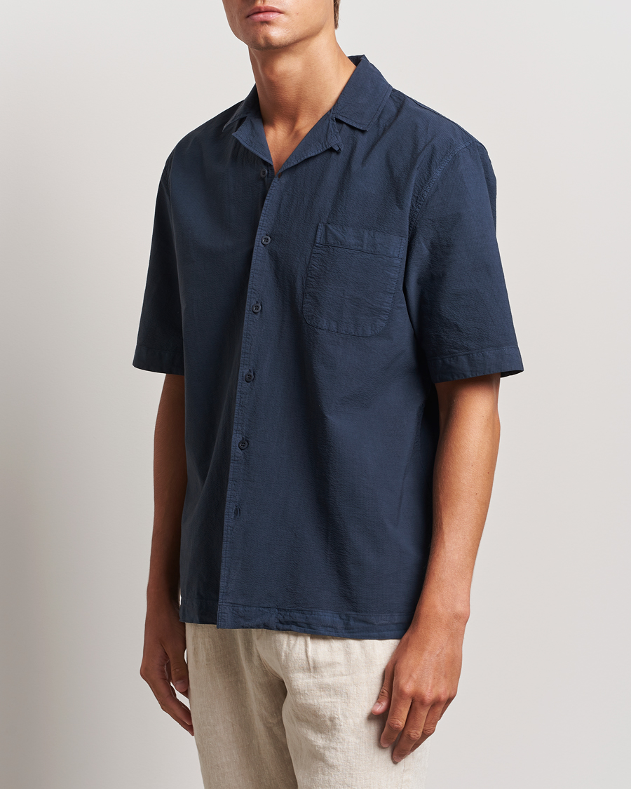 Mies |  | Sunspel | Lightweight Seersucker Shirt Navy