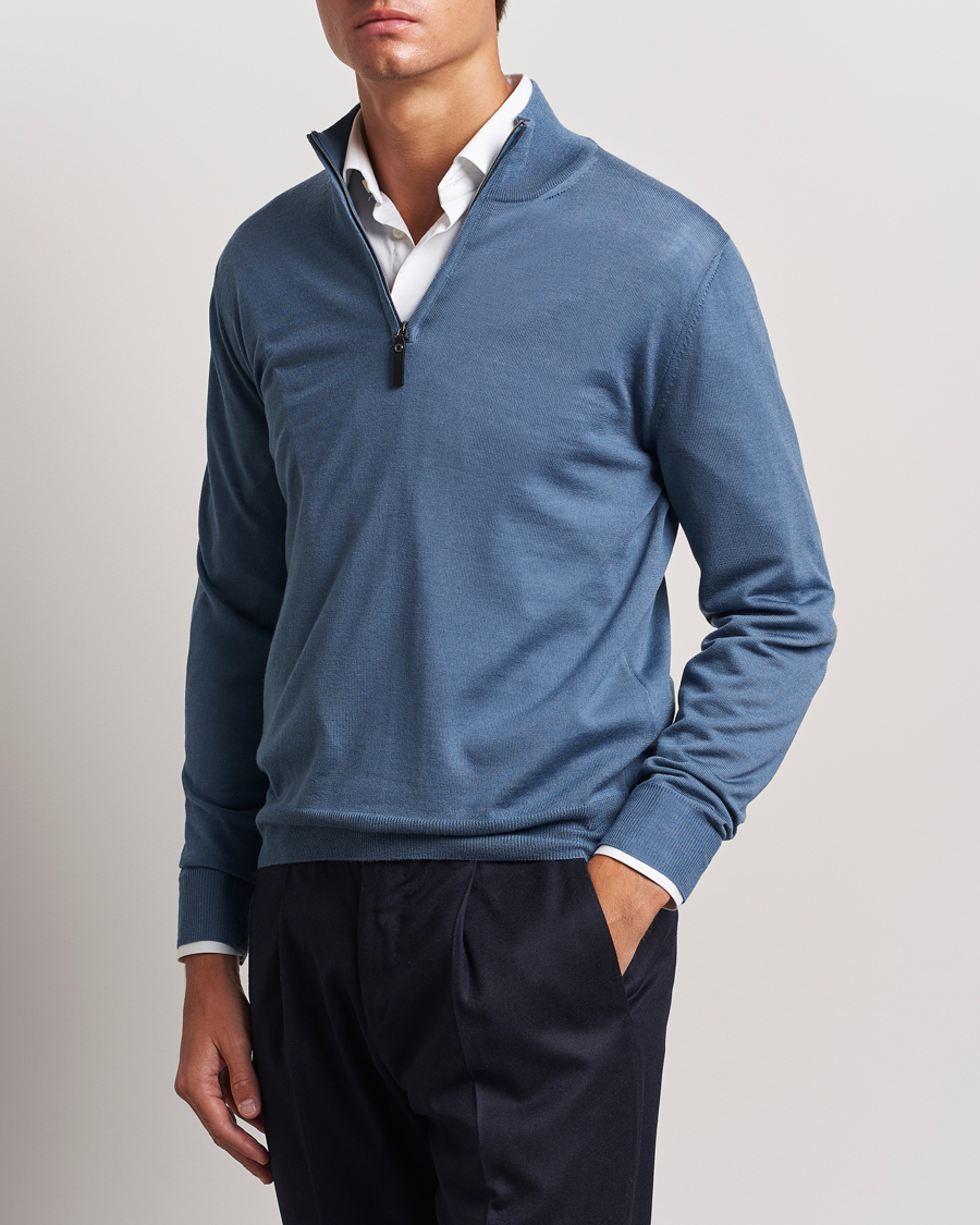 Mies |  | Canali | Merino Wool Half Zip Light Blue