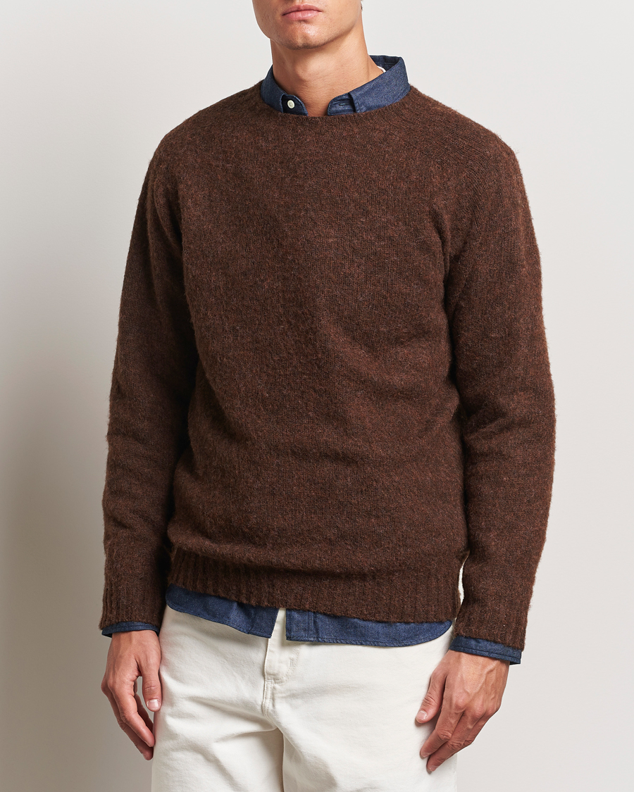 Mies |  | Harley Of Scotland | Brushed Supersoft Lambswool Crewneck Coffee