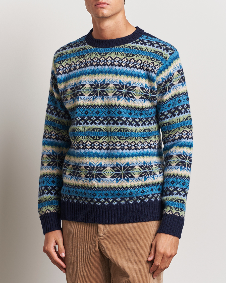 Mies |  | Harley Of Scotland | Supersoft Lambswool Fairisle Crewneck Navy