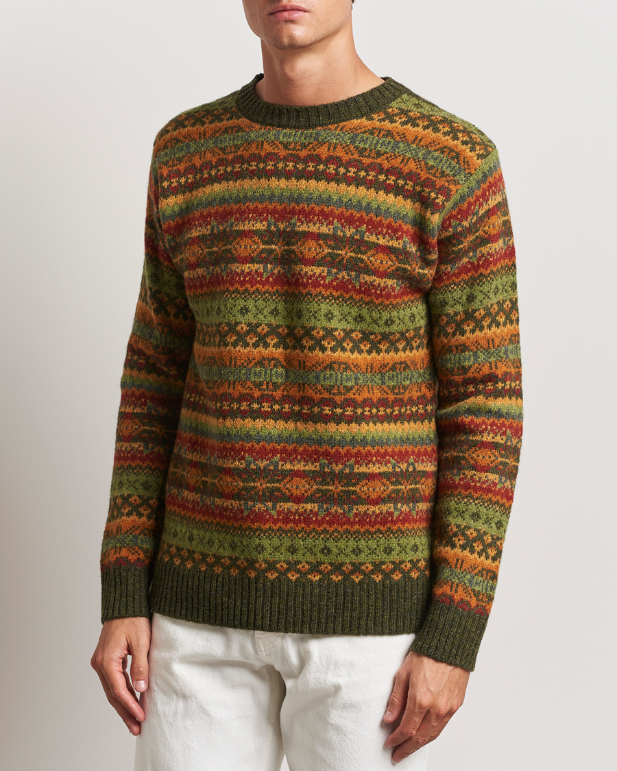 Mies |  | Harley Of Scotland | Supersoft Lambswool Fairisle Crewneck Green