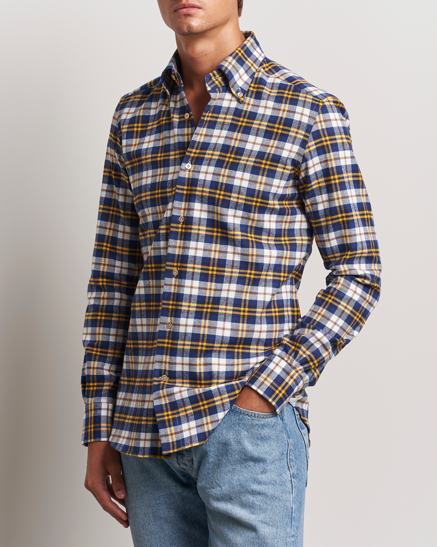 Mies |  | Mazzarelli | Soft Flannel Check Button Down Shirt Blue/White