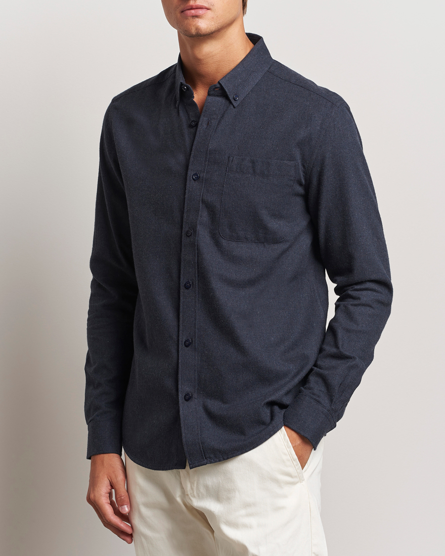 Mies | Rennot | KnowledgeCotton Apparel | Regular Fit Melange Flannel Shirt Navy