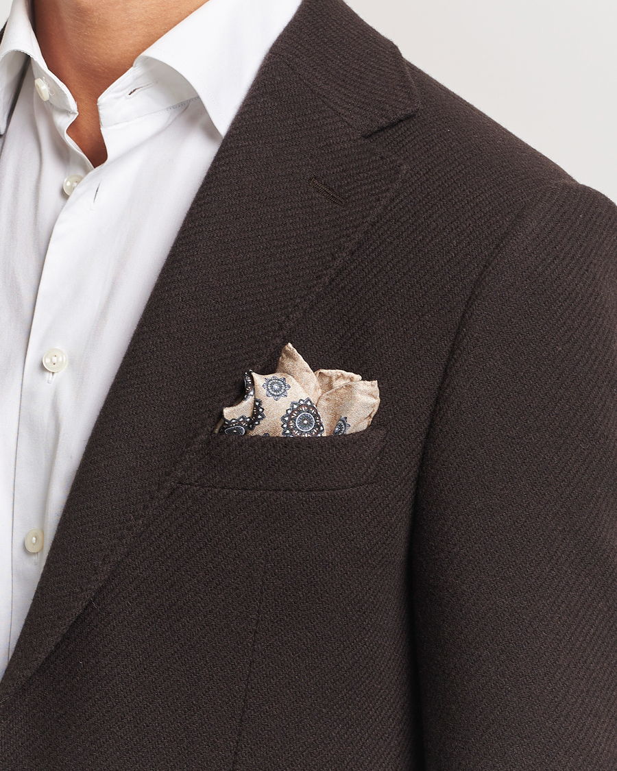 Mies |  | Amanda Christensen | Silk Twill Printed Flower Pocket Square Cream