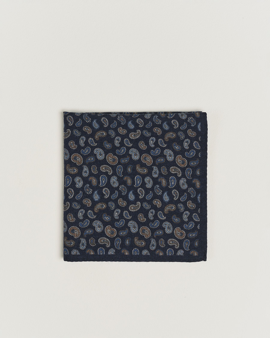 Mies |  | Amanda Christensen | Wool Flannel Printed Paisley Pocket Square Navy