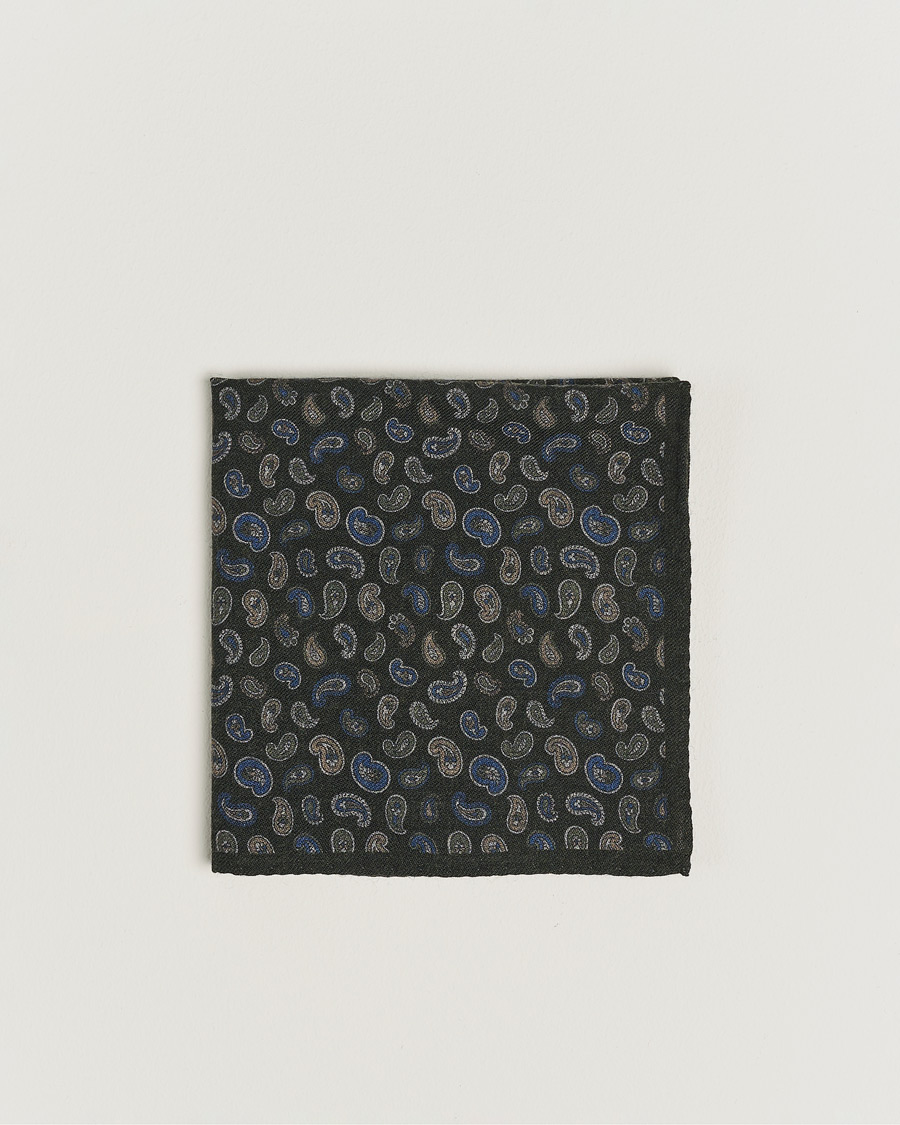 Mies |  | Amanda Christensen | Wool Flannel Printed Paisley Pocket Square Dark Olive