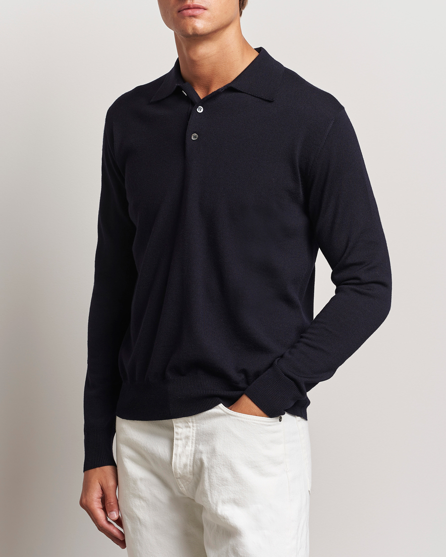 Mies | Italian Department | Altea | Merino Long Sleeve Polo Navy