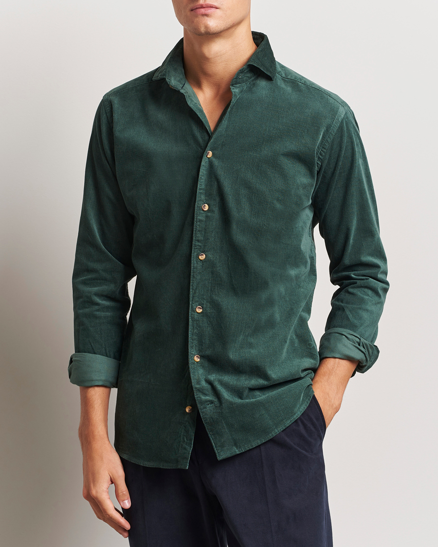 Mies | Vakosamettipaidat | Eton | Slim Fit Fine Wale Corduroy Shirt Dark Green