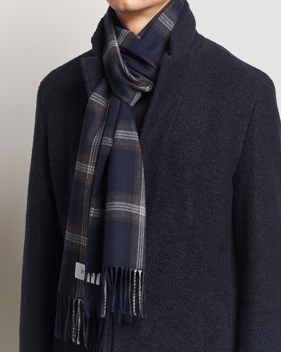 Mies |  | Eton | Merino Wool Checked Scarf Navy Blue