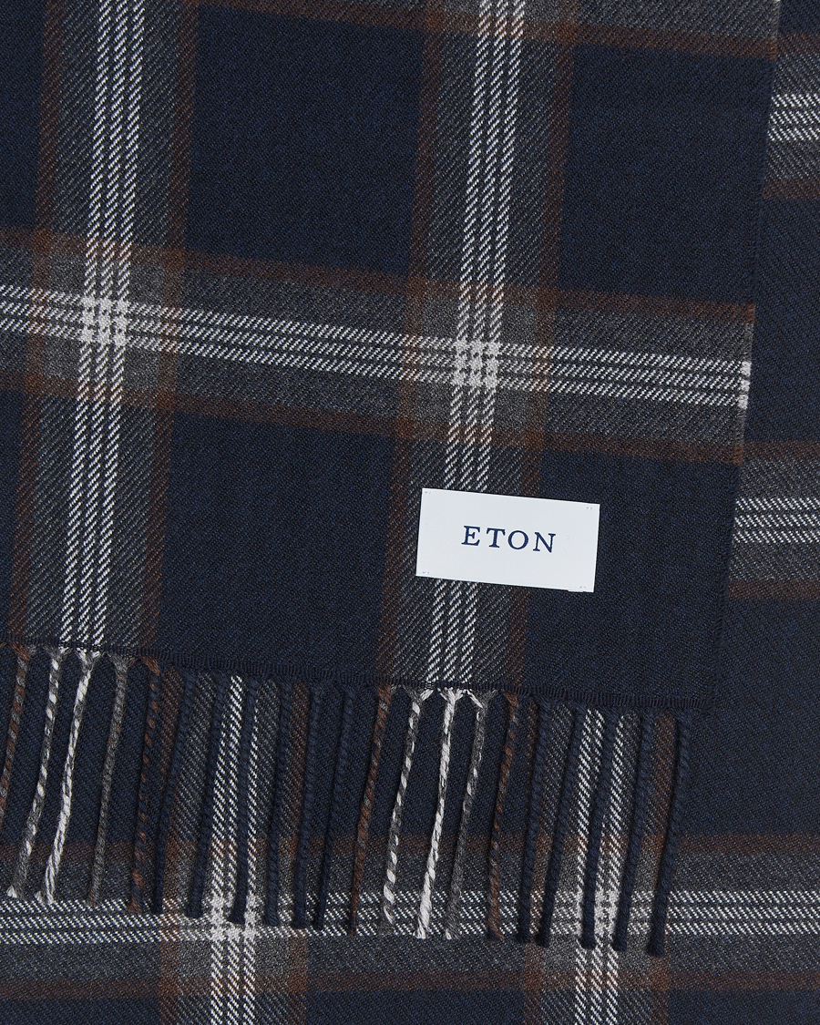 Mies |  | Eton | Merino Wool Checked Scarf Navy Blue