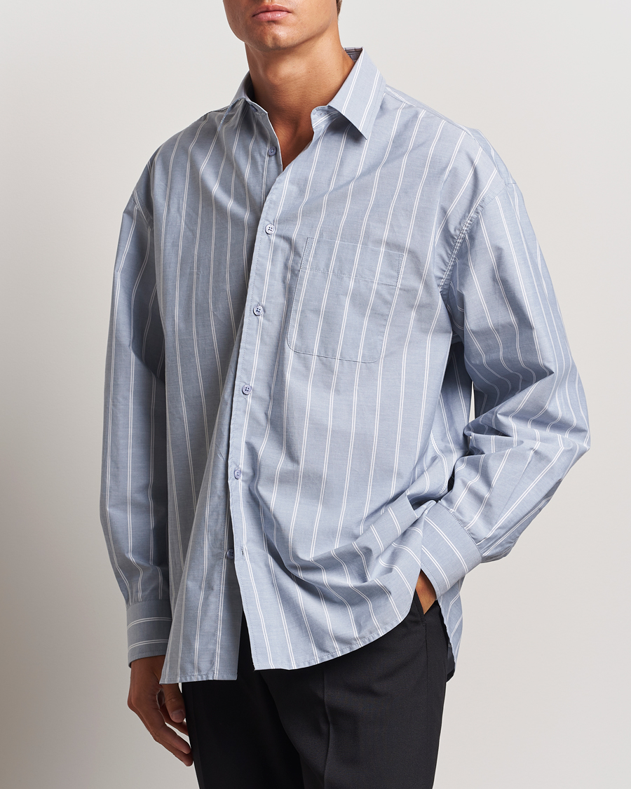 Mies | Kauluspaidat | Filippa K | Striped Cotton Poplin Shirt Blue/White