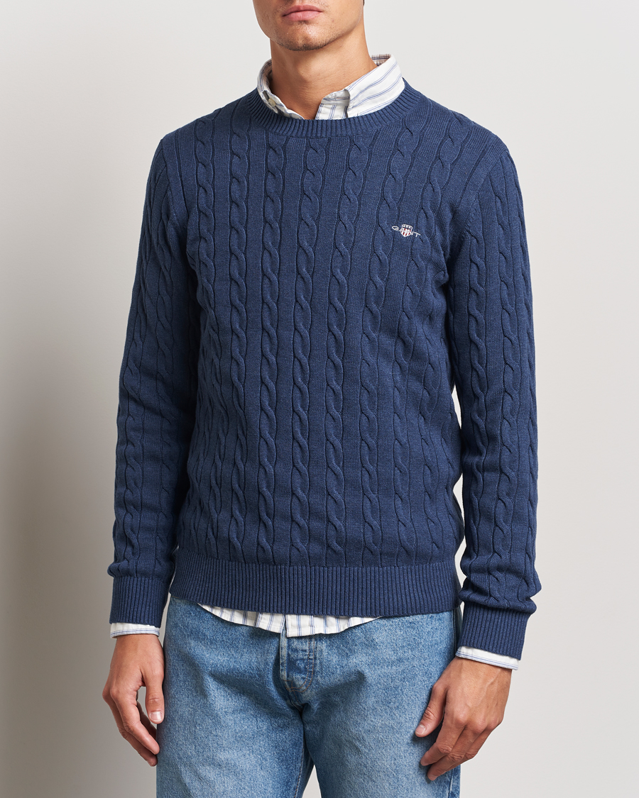 Mies |  | GANT | Cotton Cable Crew Neck Dark Jeans Blue Melange