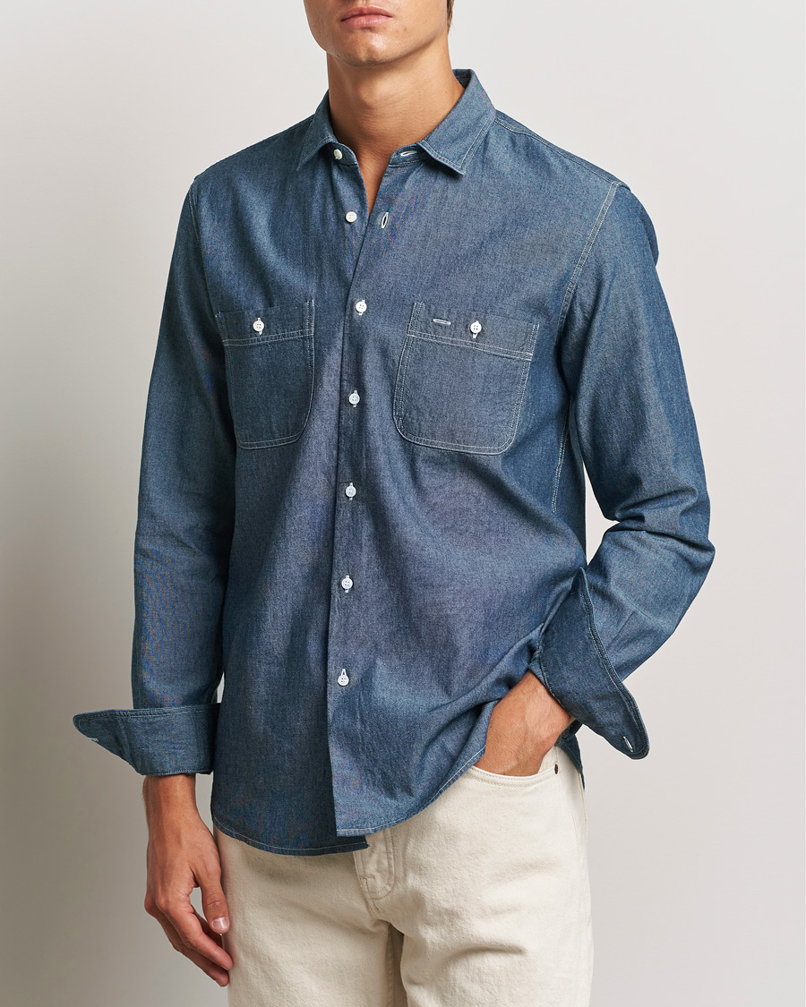 Mies |  | Aspesi | Double Pocket Chambray Shirt Dark Wash