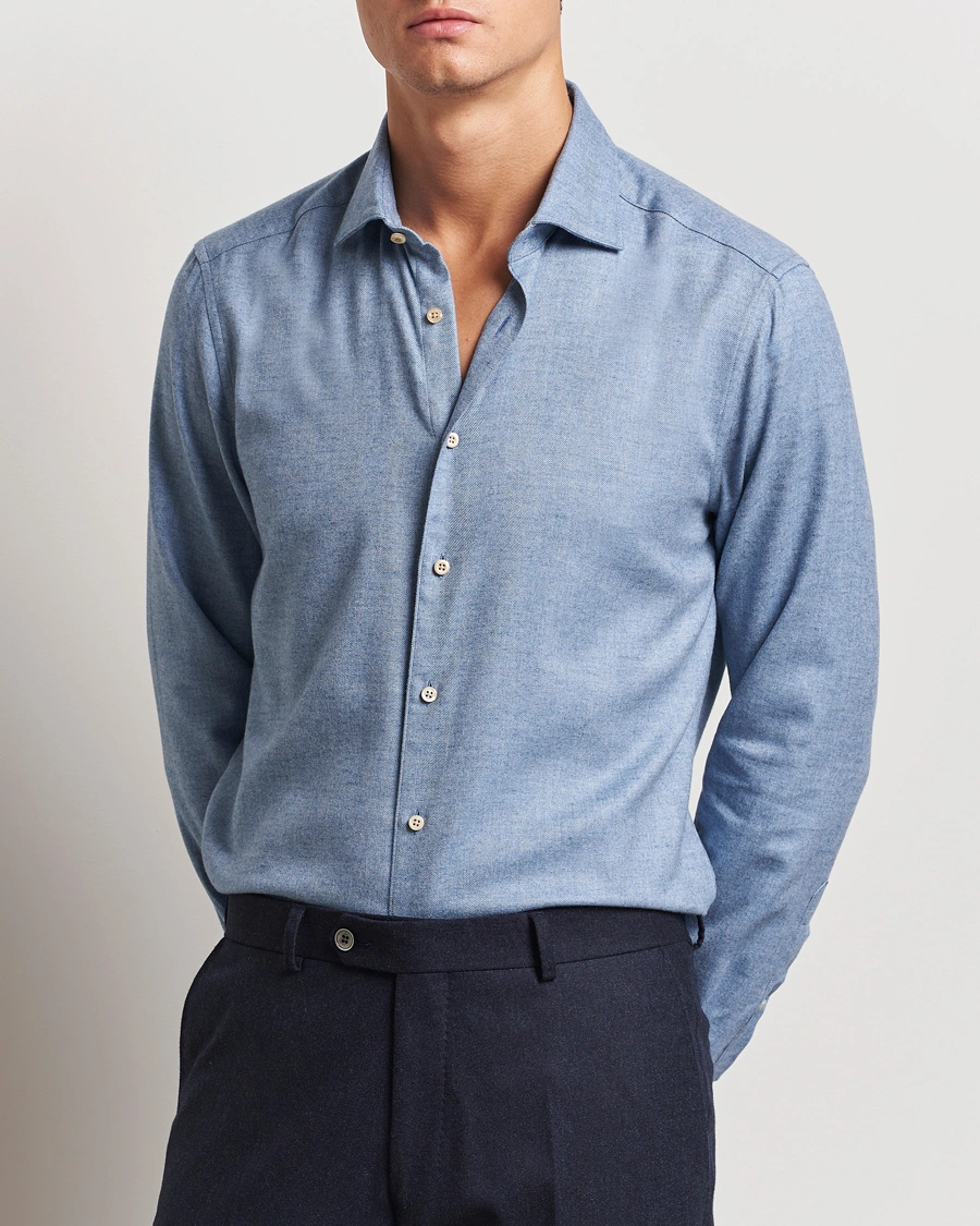 Mies |  | Stenströms | Slimline Brushed Cotton/Lyocell Cut Away Shirt Blue