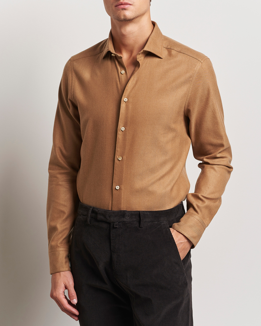 Mies |  | Stenströms | Slimline Brushed Cotton/Lyocell Cut Away Shirt Brown