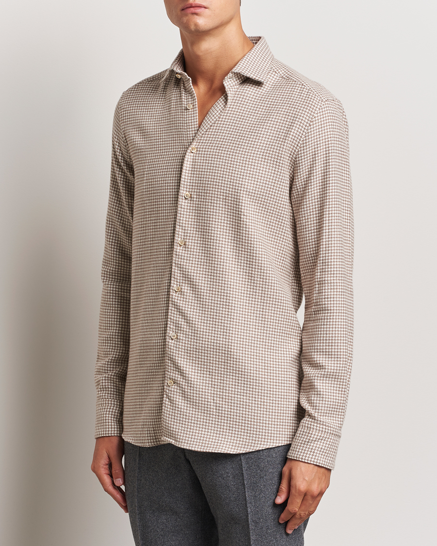 Mies |  | Stenströms | Slimline Flannel Houndstooth Shirt Light Brown