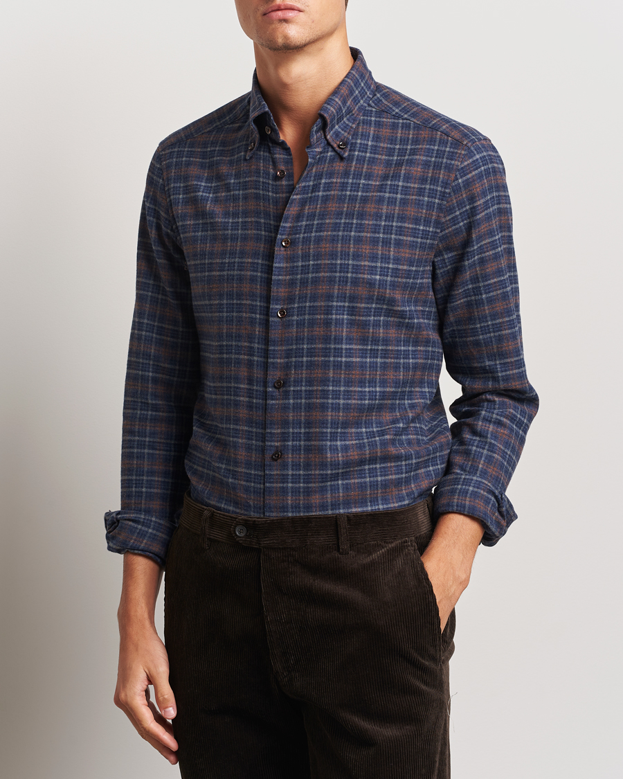 Mies |  | Stenströms | Slimline Small Check Flannel Shirt Dark Blue