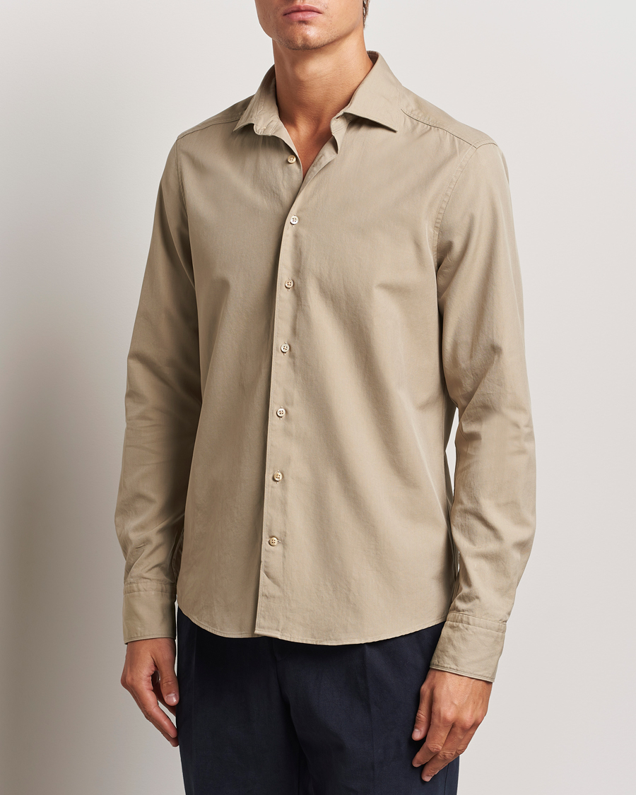 Mies |  | Stenströms | Slimline Cut Away Washed Twill Shirt Beige