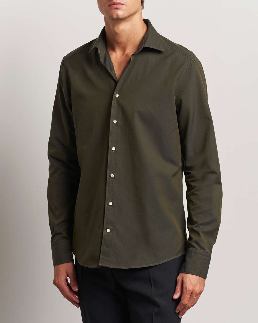 Mies |  | Stenströms | Slimline Cut Away Washed Twill Shirt Dark Green