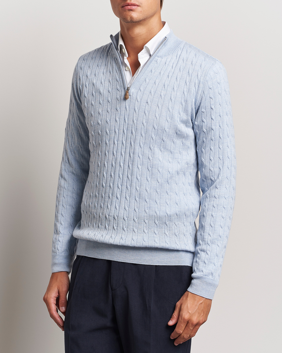 Mies |  | Stenströms | Merino Cable Half Zip Light Blue