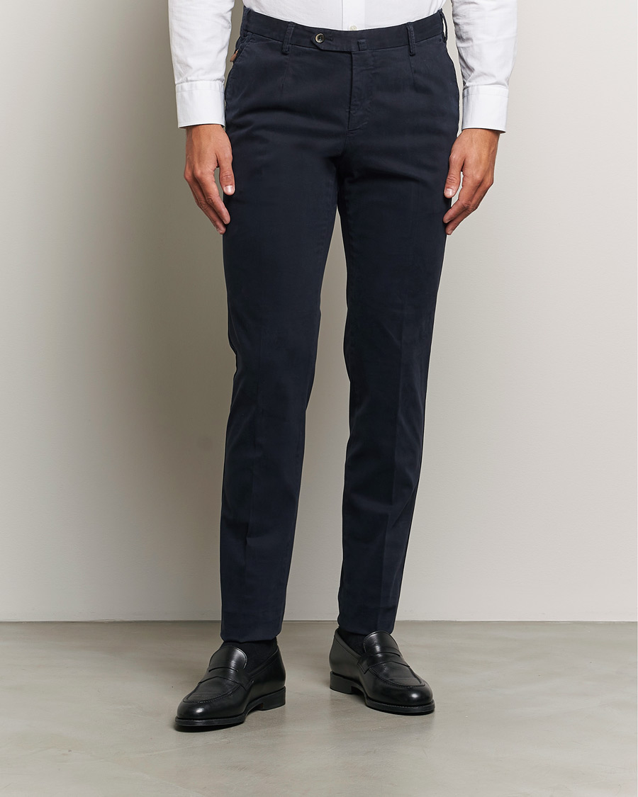 Mies |  | PT01 | Slim Fit Pleated Cotton Trousers Navy