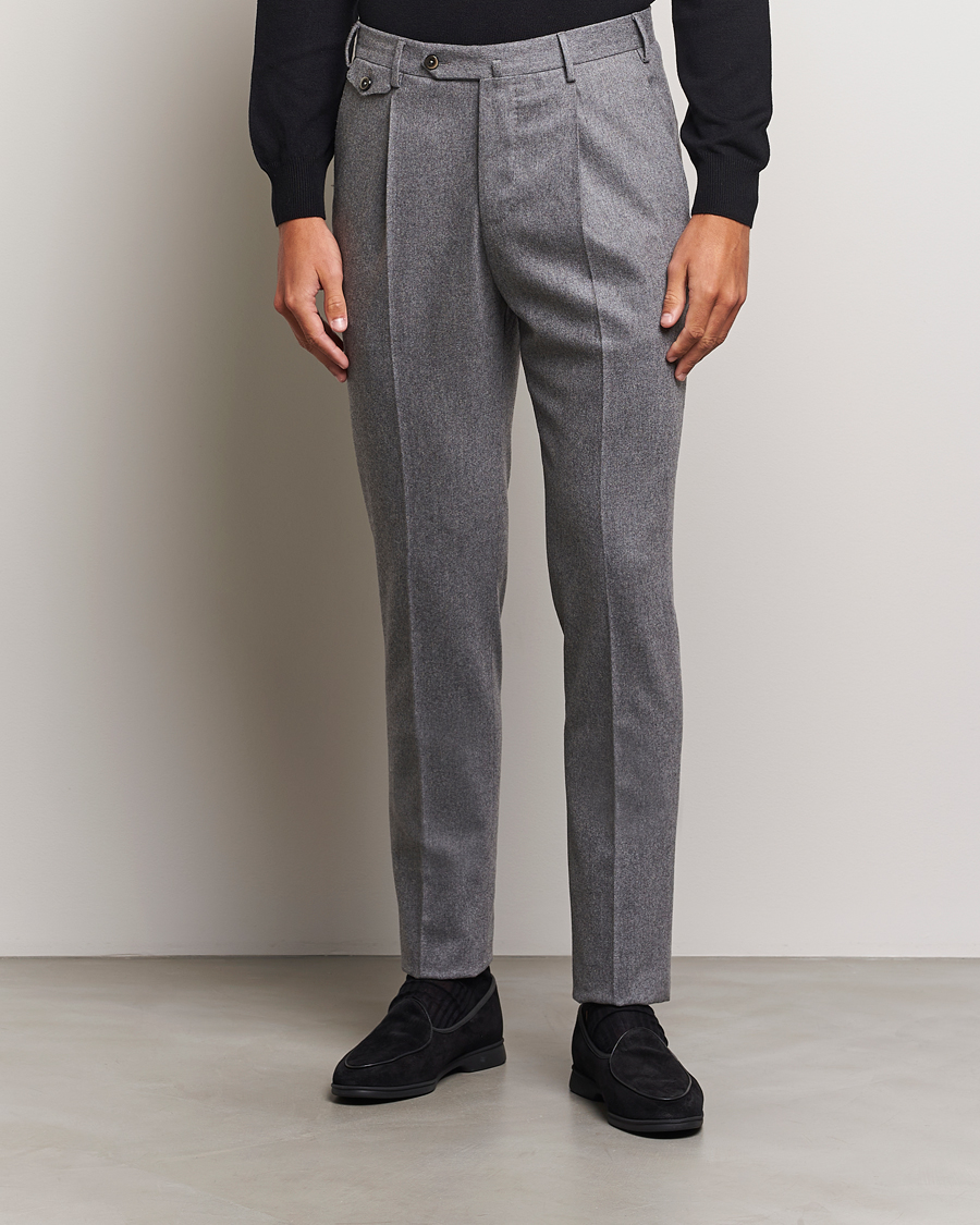 Mies | Vaatteet | PT01 | Slim Fit Pleated Wool/Cashmere Trousers Grey Melange