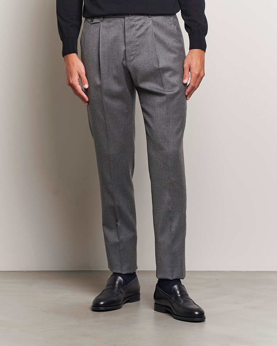Mies |  | PT01 | Slim Fit Pleated Flannel Trousers Grey Melange