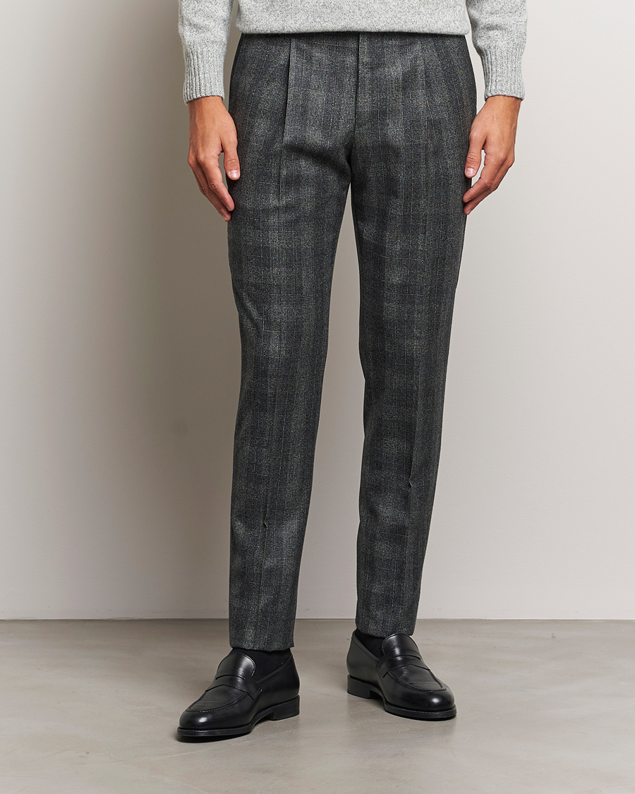 Mies |  | PT01 | Slim Fit Pleated Checked Flannel Trousers Grey