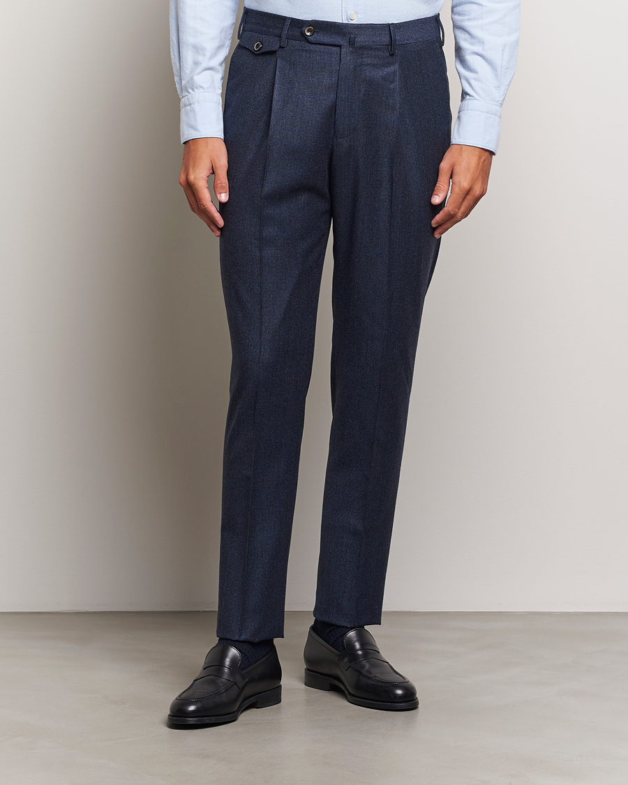 Mies | Vaatteet | PT01 | Slim Fit Pleated Houndstooth Flannel Trousers Navy