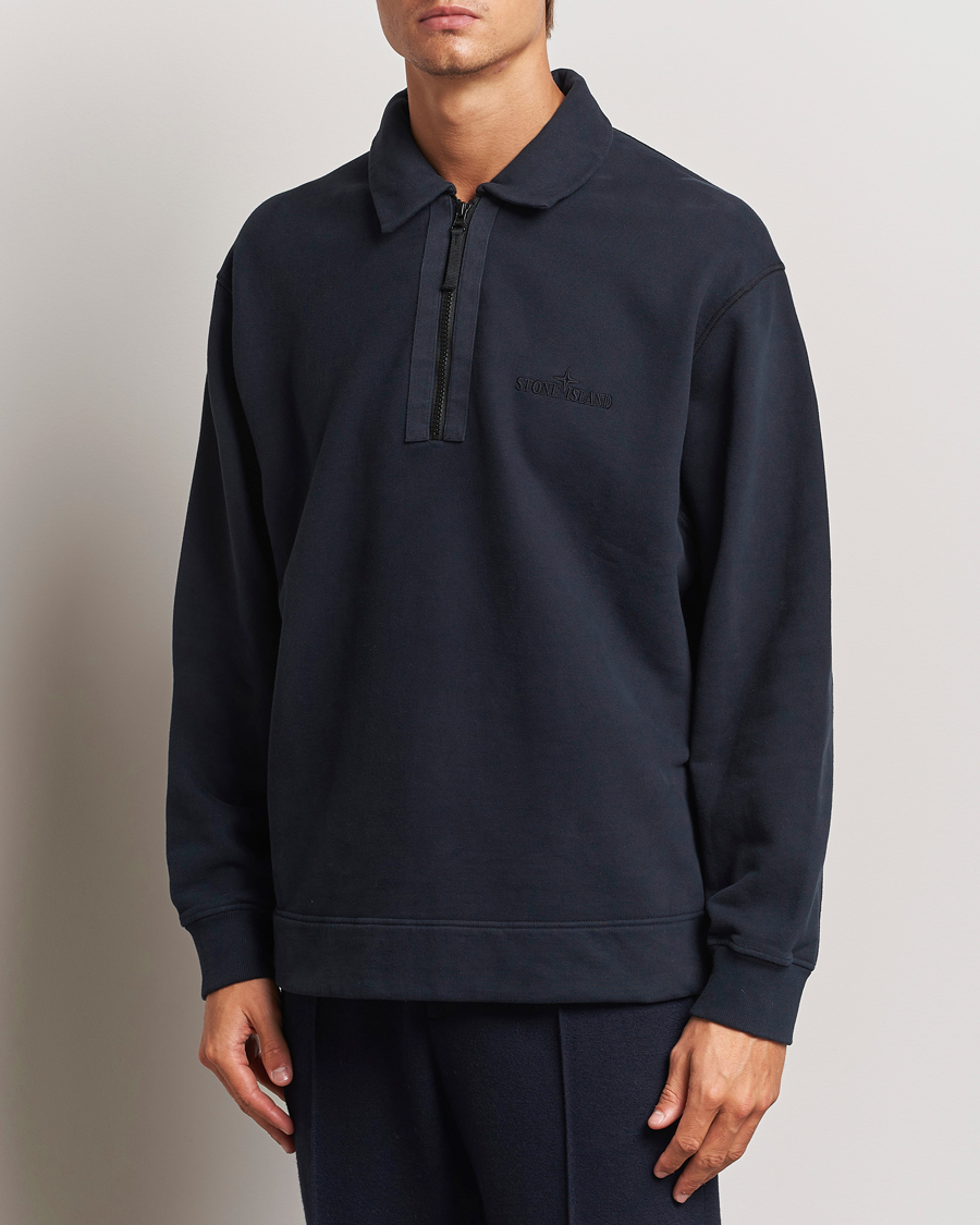 Mies |  | Stone Island | Garment Dyed Fleece Zip Polo Navy Blue