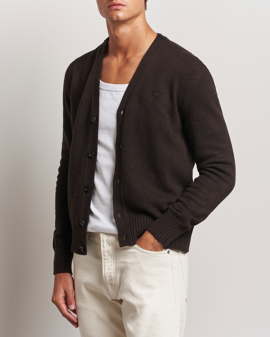 Mies |  | AMI | Tonal Heart Logo Wool Cardigan Dark Coffee