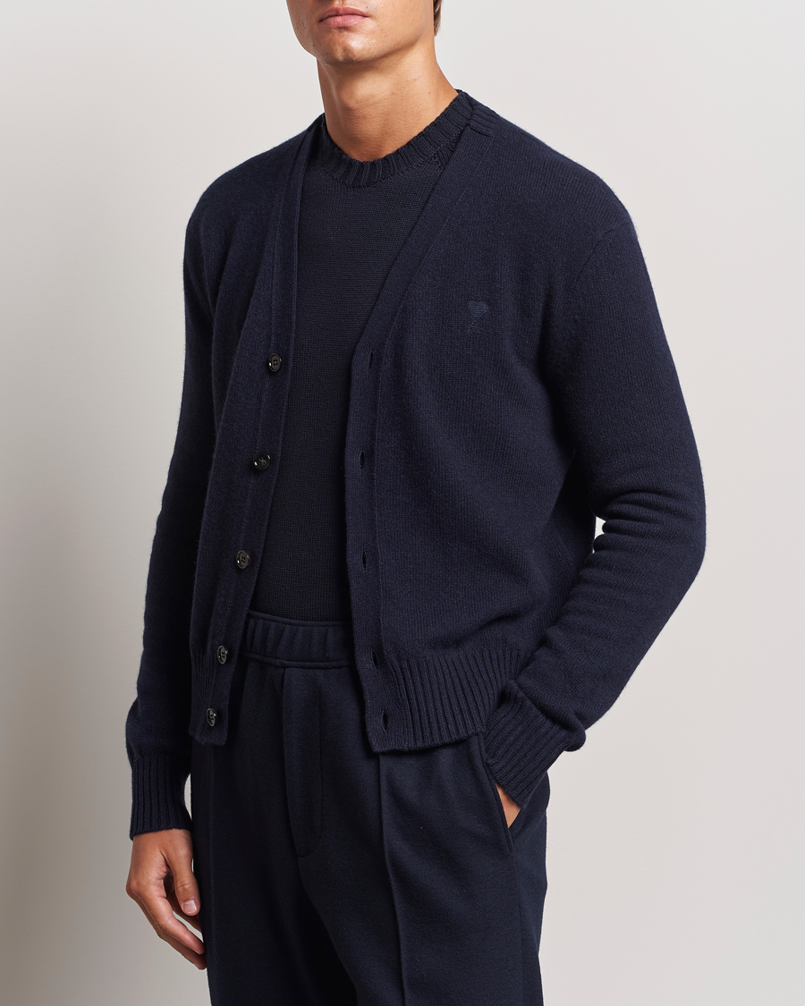 Mies |  | AMI | Tonal Heart Logo Wool Cardigan Navy