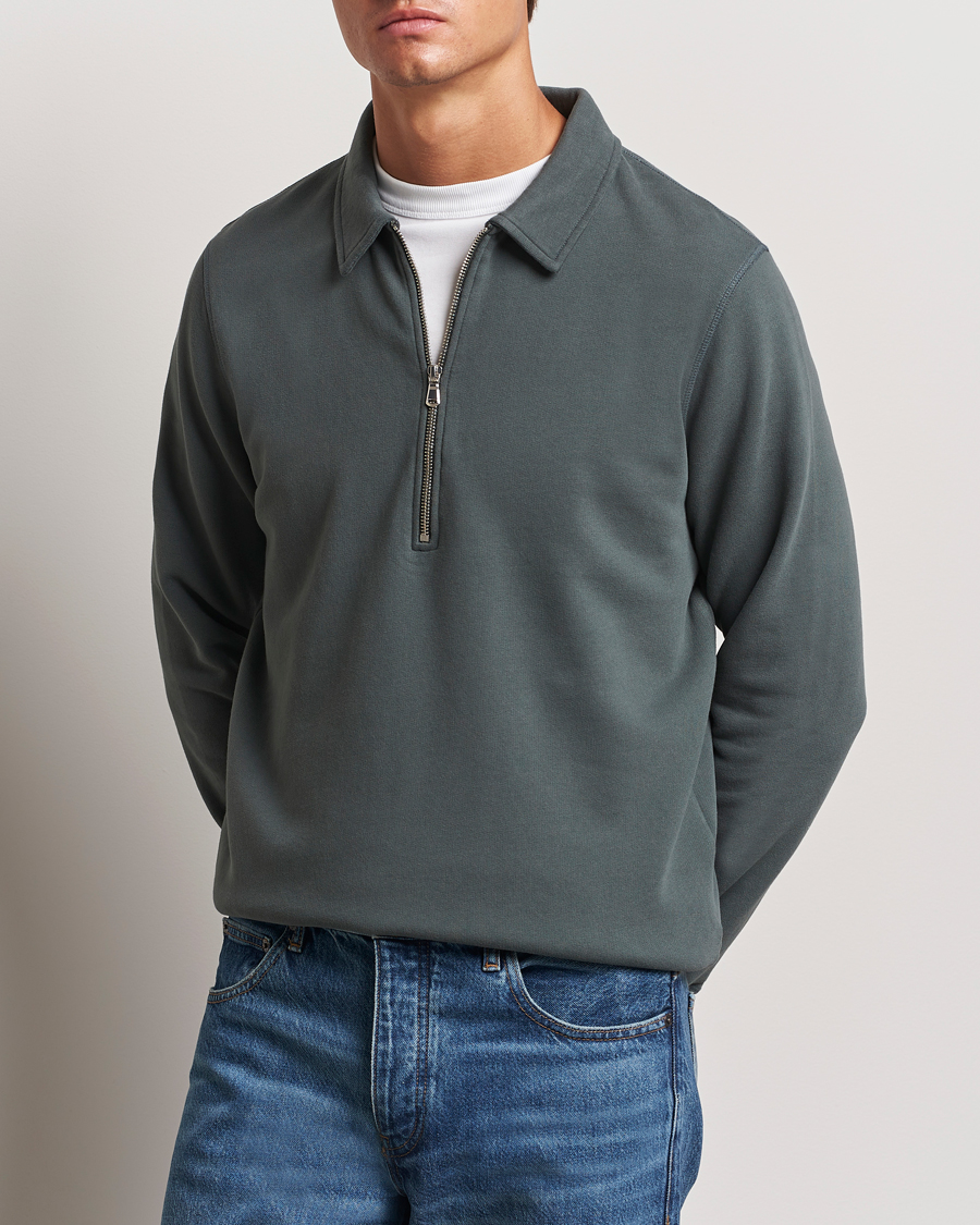 Mies |  | Sunspel | Zip Loopback Sweatshirt Polo Drill Green