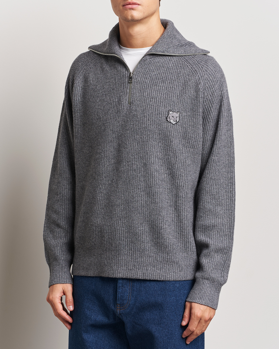 Mies |  | Maison Kitsuné | Bold Fox Rib Knitted Half Zip Medium Grey Melange