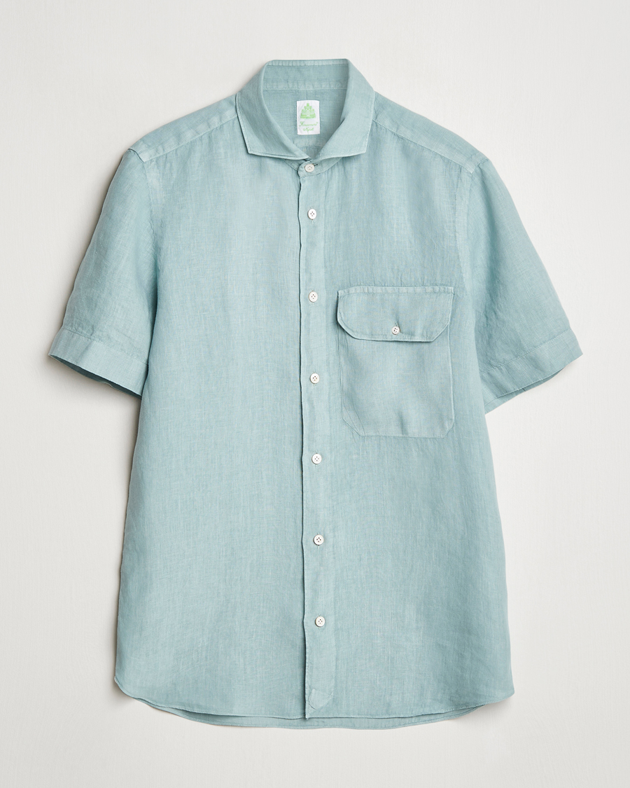 Mies | Kauluspaidat | Finamore Napoli | Linen Short Sleeve Sport Shirt Teal