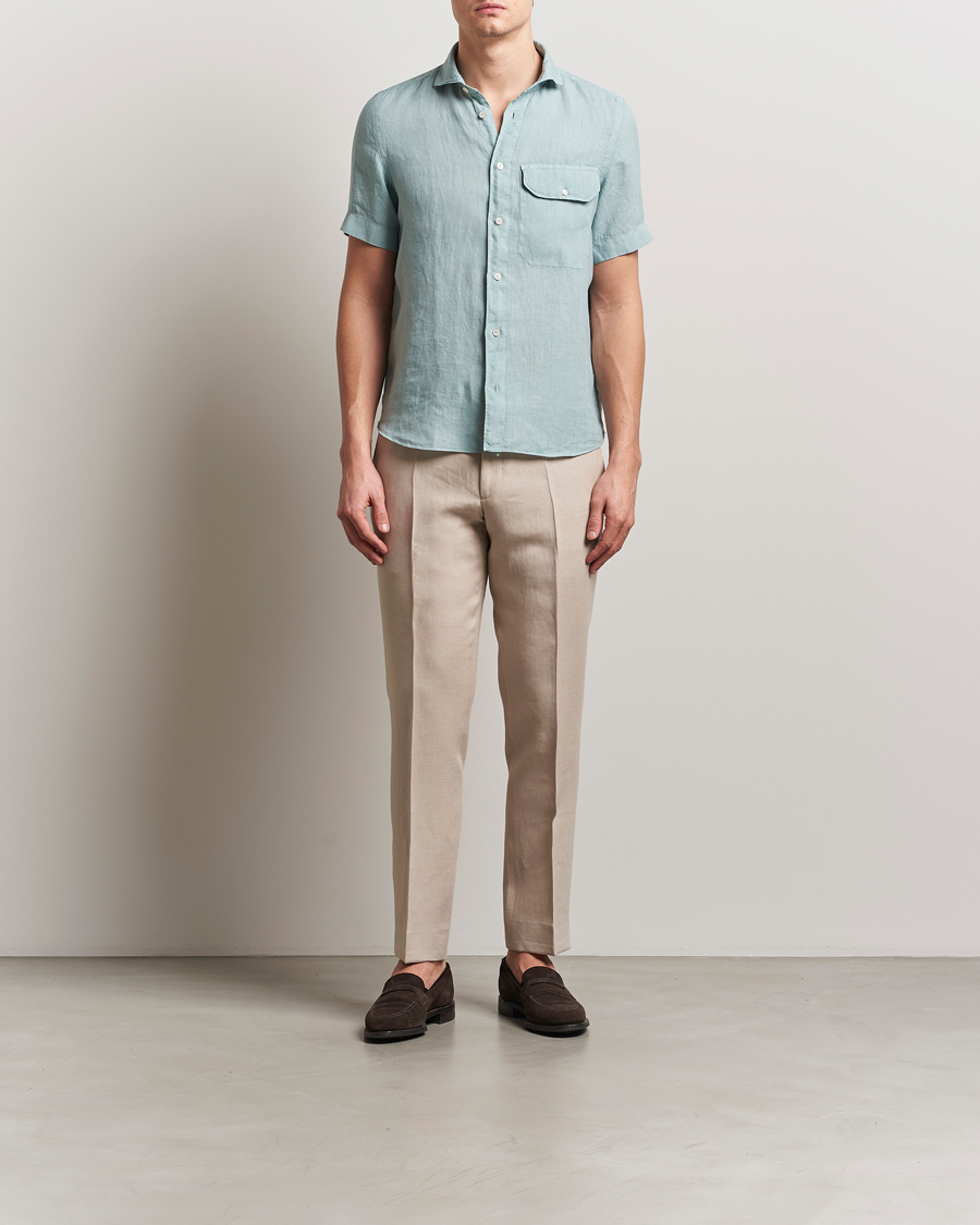 Mies | Kauluspaidat | Finamore Napoli | Linen Short Sleeve Sport Shirt Teal
