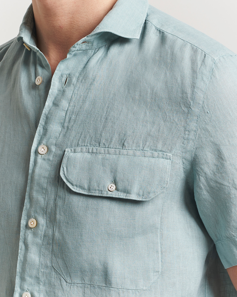 Mies | Kauluspaidat | Finamore Napoli | Linen Short Sleeve Sport Shirt Teal