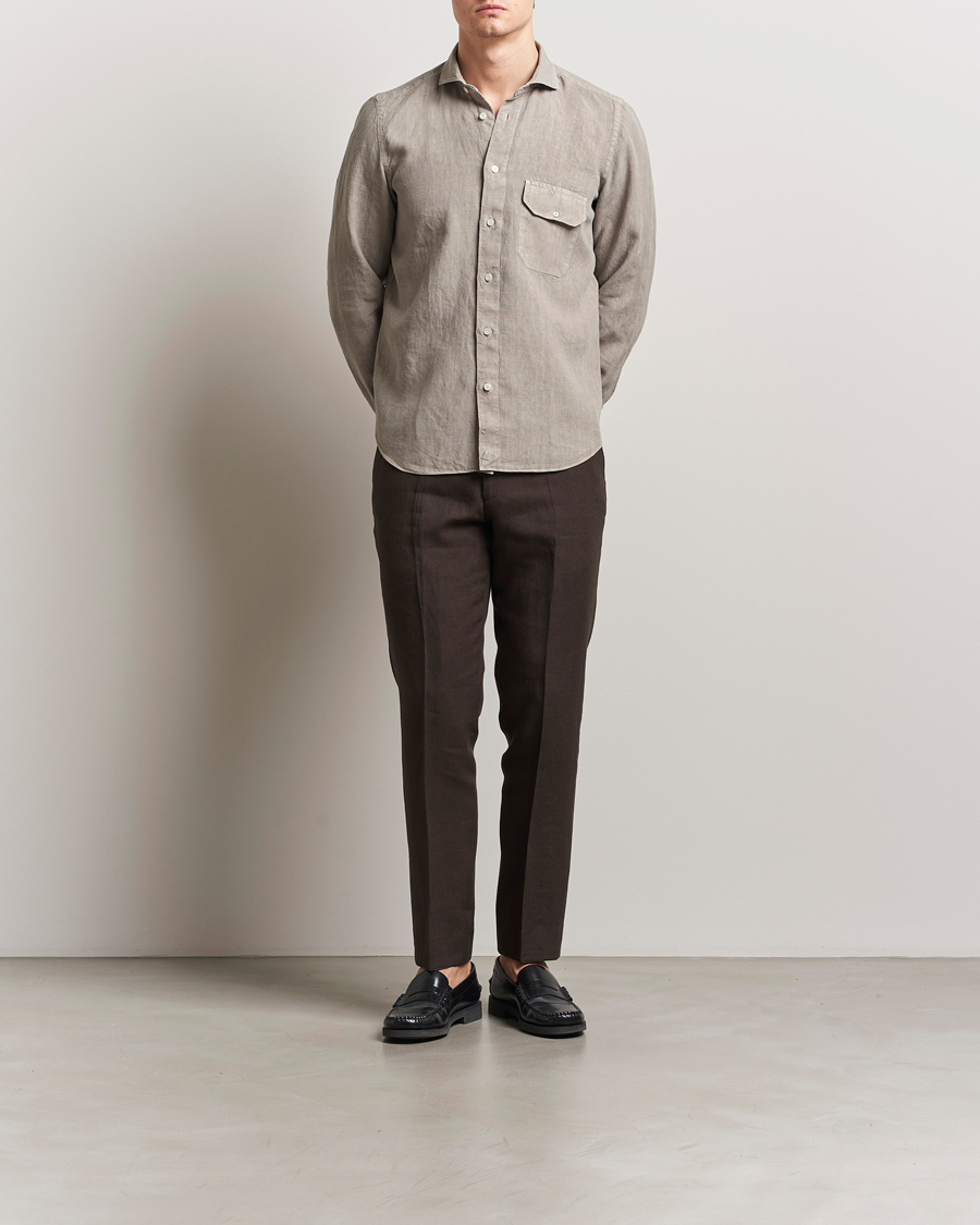 Mies | Kauluspaidat | Finamore Napoli | Salina Garment Dyed Linen Overshirt Taupe