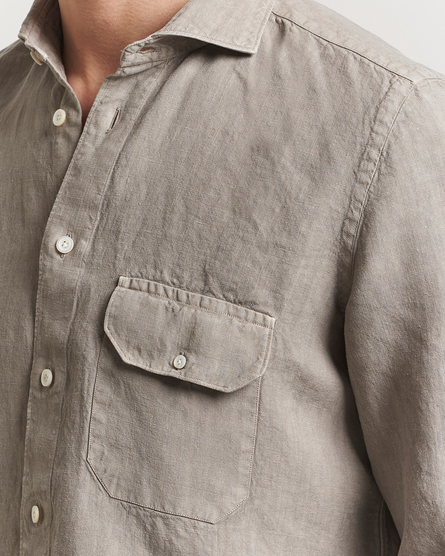 Mies | Kauluspaidat | Finamore Napoli | Salina Garment Dyed Linen Overshirt Taupe