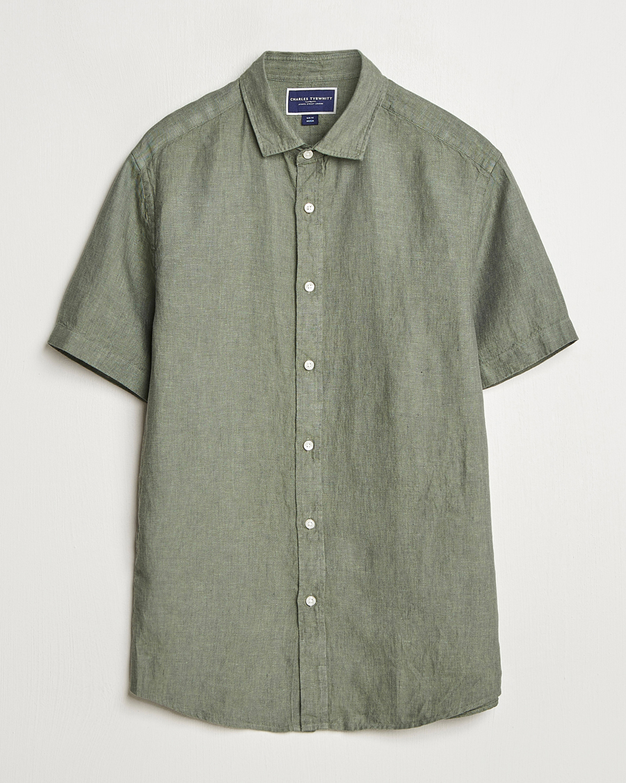Mies | Kauluspaidat | Charles Tyrwhitt | Pure Linen Short Sleeve Slim Fit Shirt Olive