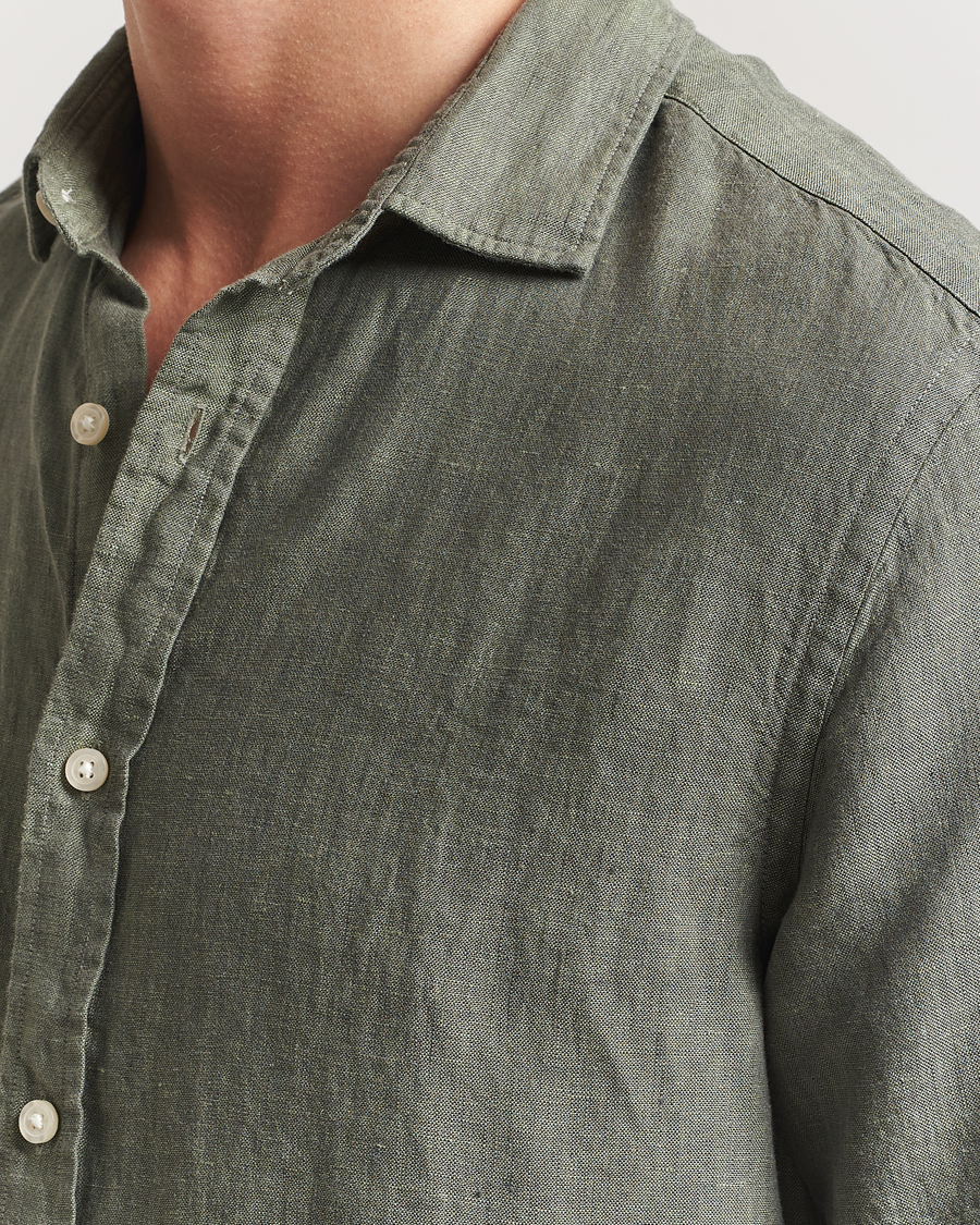 Mies | Kauluspaidat | Charles Tyrwhitt | Pure Linen Short Sleeve Slim Fit Shirt Olive