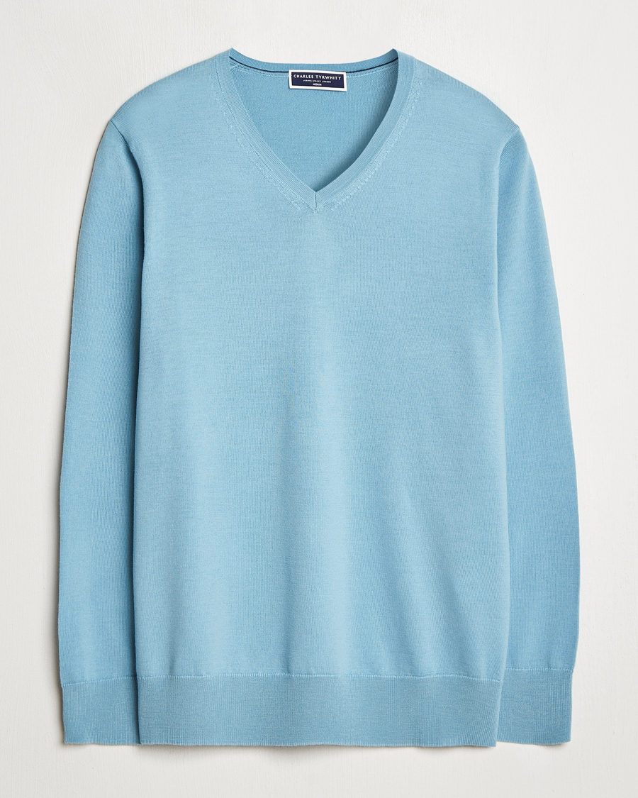 Mies | Puserot | Charles Tyrwhitt | Pure Merino V-Neck Jumper Aqua Green