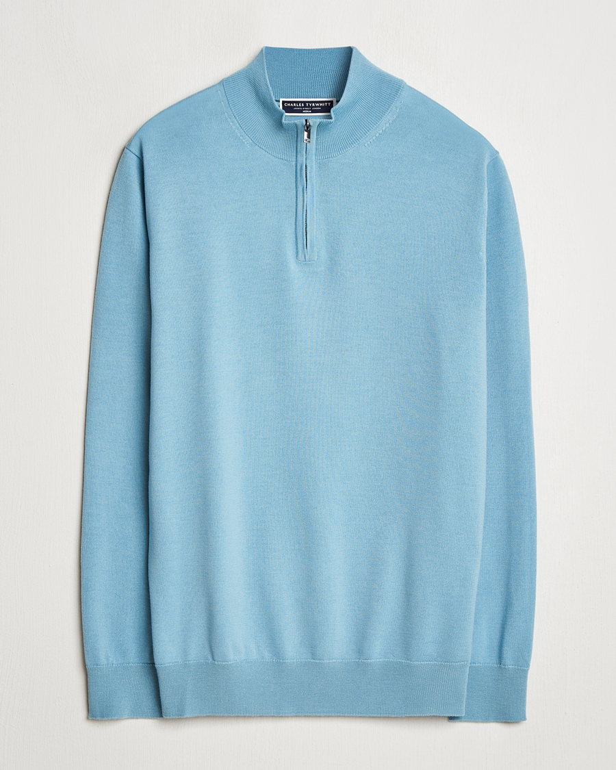 Mies | Puserot | Charles Tyrwhitt | Pure Merino Zip Neck Jumper Aqua Green