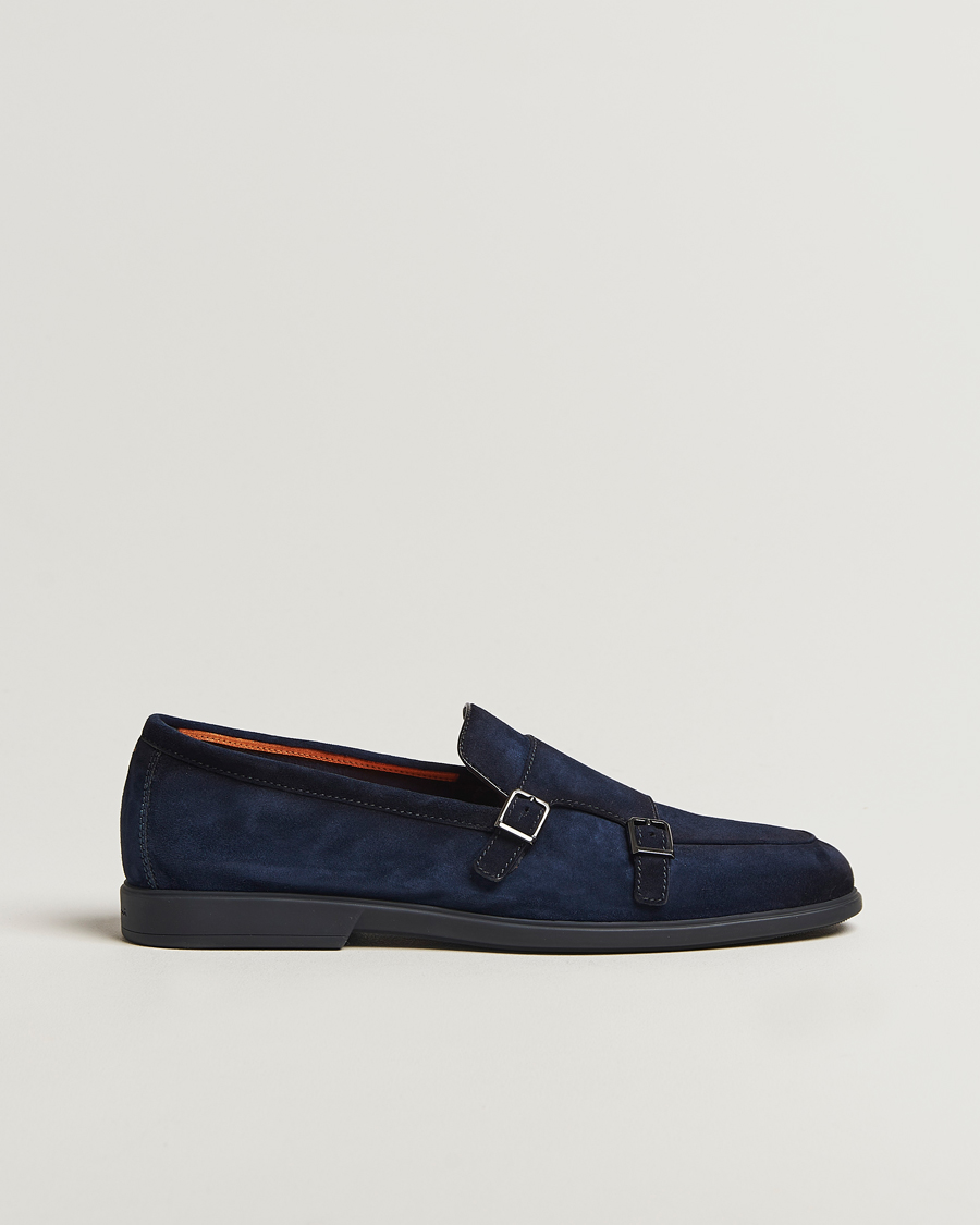 Mies | Santoni Malibu Double Buckle Loafers Navy Suede | Santoni | Malibu Double Buckle Loafers Navy Suede