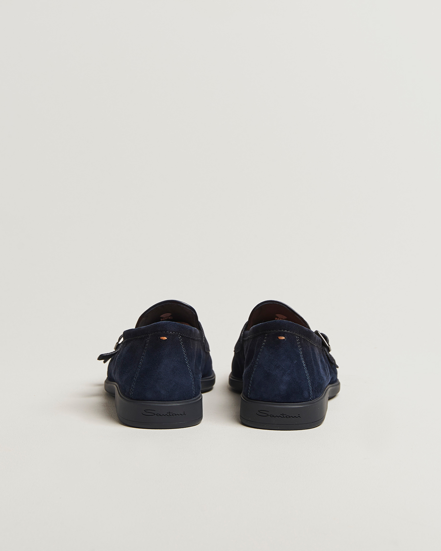 Mies | Santoni Malibu Double Buckle Loafers Navy Suede | Santoni | Malibu Double Buckle Loafers Navy Suede