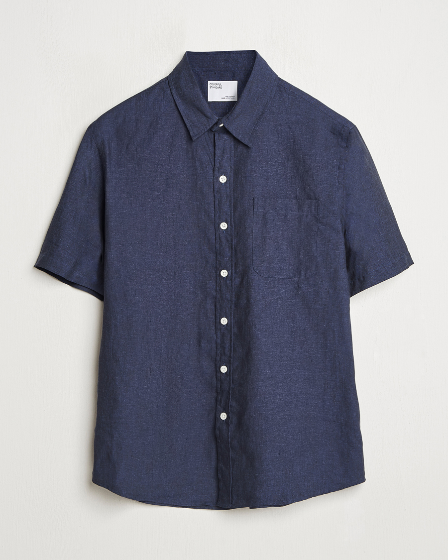 Mies | Kauluspaidat | Colorful Standard | Garment Dyed Linen Short Sleeve Shirt Navy Blue