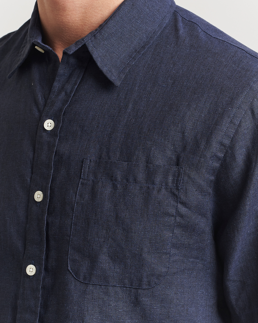 Mies | Kauluspaidat | Colorful Standard | Garment Dyed Linen Short Sleeve Shirt Navy Blue