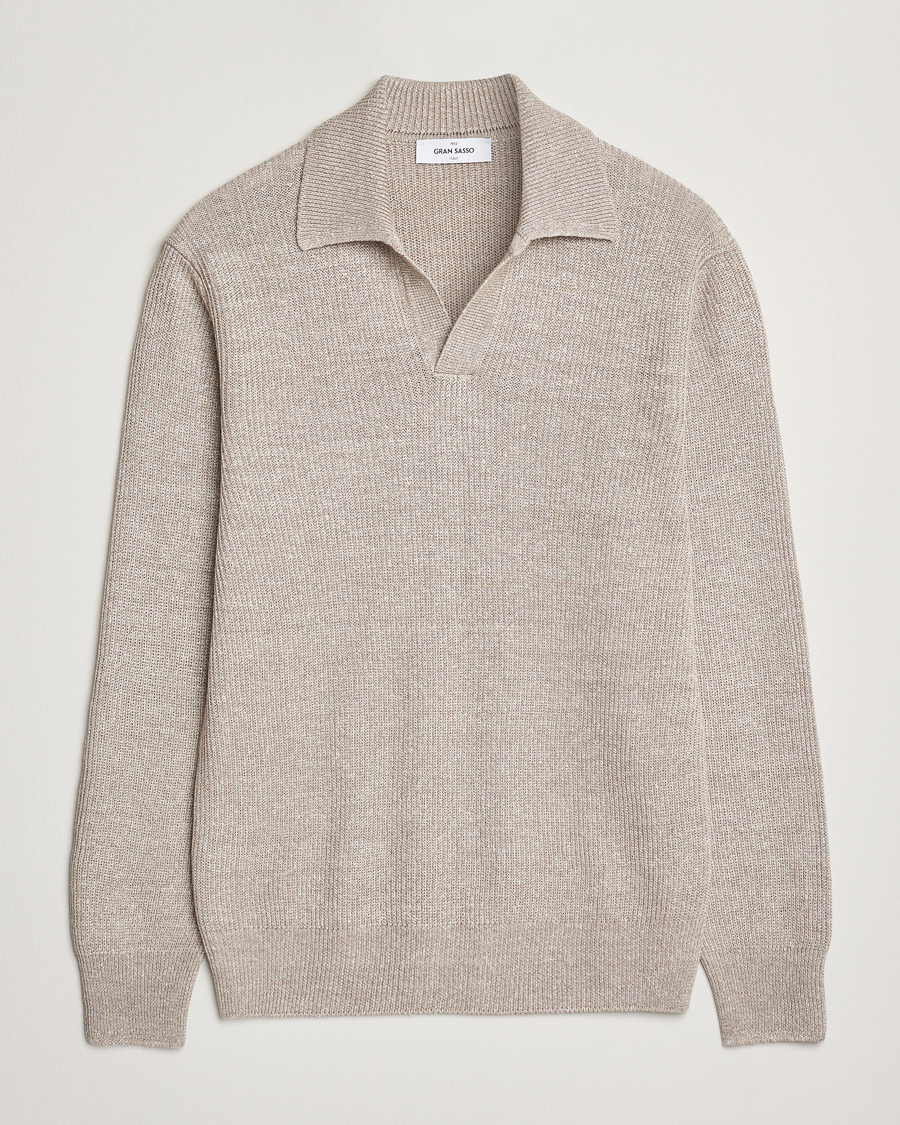 Mies | Puserot | Gran Sasso | Linen/Cotton Open Collar Knitted Polo Beige Melange